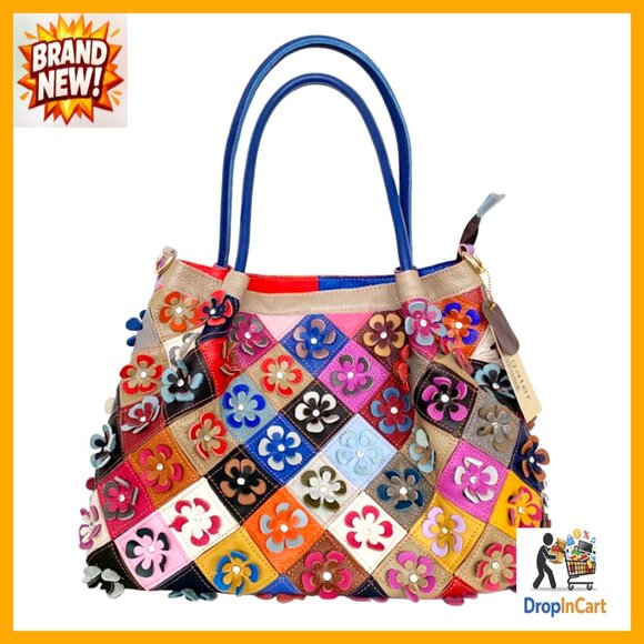 Genuine Leather Tote Bag Floral Patchwork Adjustable Strap Chic Travel Bag